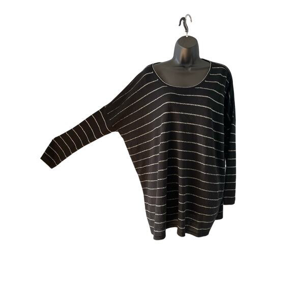 J Jill  Black Silver Sparkle Metallic Stripe Wool oversized  Sweater M nwt - Picture 1 of 6